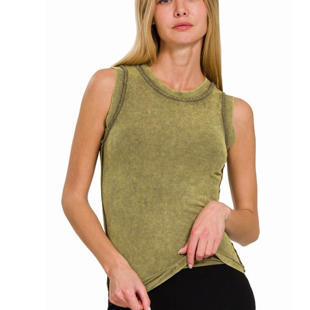 EVE * WASHED RIBBED SCOOP NECK TANK TOP in Olive